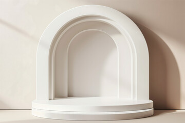 Fototapeta premium Minimalist product display podium with elegant architectural arch, beige background for premium branding
