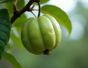 Naklejka premium Green unripe garcinia gummi-gutta fruit hangs from tree branch. Tropical produce has segmented appearance and grows in foliage with blurred green background. This ingredient is natural food source.