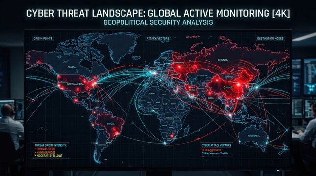 Global cyber threat landscape map showing active monitoring and geopolitical security analysis