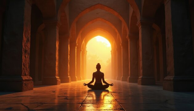 Silhouette woman meditates in ancient temple hall at sunrise. Golden sunbeams stream through arches illuminating serene yoga pose. Peaceful spiritual practice at dawn.