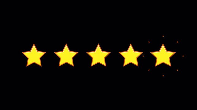 Animated Golden Five Star Rating Icons with Glowing Effect on Transparent Background