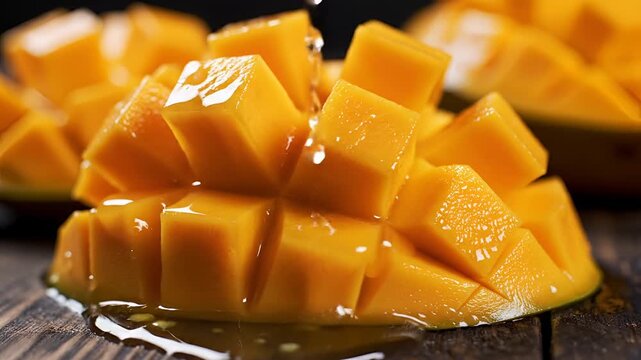 Juicy Mango Slices Drizzled with Honey on a Dark Wooden Surface.