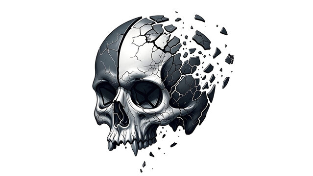 Fractured skull with geometric shattering pattern isolated on a transparent background, shattered skull