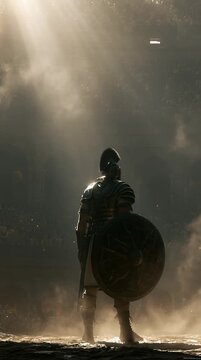 Gladiator standing alone inside massive Roman colosseum before battle, dramatic sunlight beams piercing dust and smoke, cinematic, high-detail, immersive ancient arena scene.