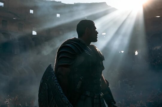 Gladiator standing alone inside massive Roman colosseum before battle, dramatic sunlight beams piercing dust and smoke, cinematic, high-detail, immersive ancient arena scene.