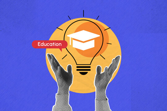 Hands reaching for a lightbulb with a graduation cap, labeled Education