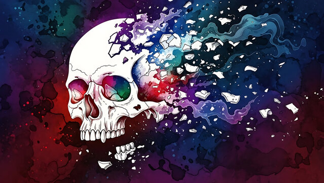 Glowing skull with fragmented colorful explosion isolated on a transparent background, fragmented explosion