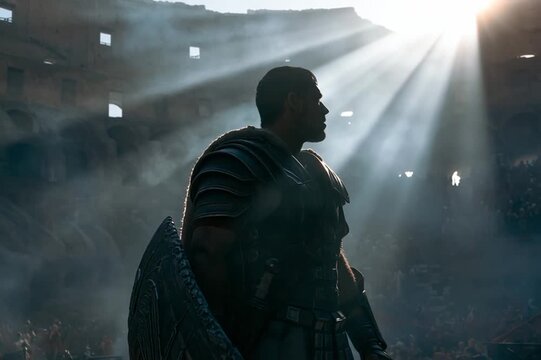 Gladiator standing alone inside massive Roman colosseum before battle, dramatic sunlight beams piercing dust and smoke, cinematic, high-detail, immersive ancient arena scene.