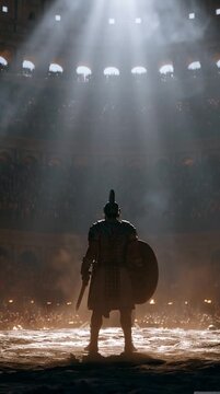 Gladiator standing alone inside massive Roman colosseum before battle, dramatic sunlight beams piercing dust and smoke, cinematic, high-detail, immersive ancient arena scene.