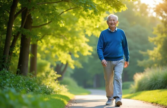 Elderly Asian man walks on park path. He smiles, enjoying morning sunlight and rich green trees. He stays active, promoting a healthy retirement lifestyle outdoors.