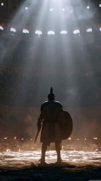 Gladiator standing alone inside massive Roman colosseum before battle, dramatic sunlight beams piercing dust and smoke, cinematic, high-detail, immersive ancient arena scene.
