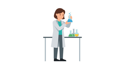 Fototapeta premium Scientist Woman Working in Laboratory Holding Flask with Blue Liquid and Other Beakers on Table