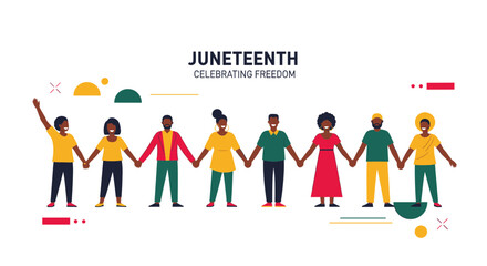 Fototapeta premium Juneteenth Celebrating Freedom Banner Vector Illustration. Diverse African American Group Holding Hands in Flat Design. Emancipation Day, Black History, Unity and Community Celebration Background.