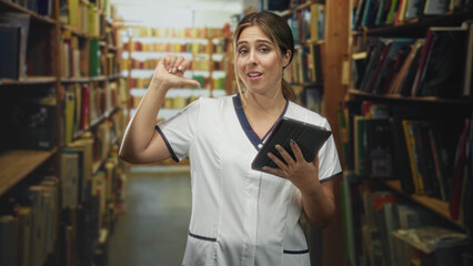 Obraz premium Woman nurse in white scrub holding tablet and pointing thumb to chest in crowded bookshelves aisle of a library building, slight smirk; pride duty.