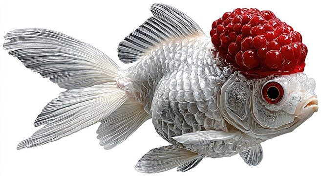 Unique silver and red crested goldfish isolated on white background