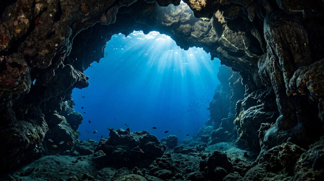 A mysterious underwater cave looking out into deep blue ocean with golden sunbeams streaming down