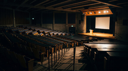 Naklejka premium Late Night University Lecture Room Stage Light Casting Long Shadows Empty Academic Interior Auditorium Hall