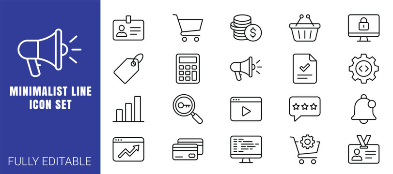 Minimalist line icon set business and finance themes including megaphone, id card, shopping cart, coins, calculator and graph.