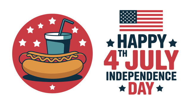 Delicious hot dog with a refreshing soda drink showcased in a festive graphic design celebrating the fourth of july independence day holiday with american flag elements and bold patriotic lettering