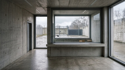 Fototapeta premium Empty Minimalist Security Checkpoint Interior Featuring Concrete Counter And Single Glass Window Looking Out View