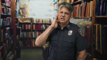 Obraz premium Police man presses hand to ear beside crowded bookshelves in library building, radio on shoulder and badge visible; pain.