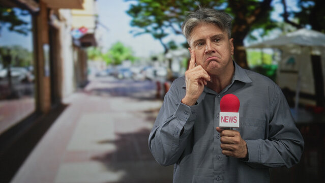 Man reporter holding red microphone, finger to temple during street interview with visible news label on mic; confusion.
