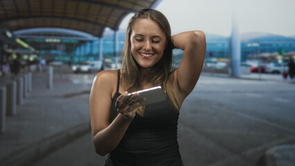 Fototapeta premium Young hispanic woman holding smartphone and smiling while typing at airport curbside terminal; digital connection contentment.