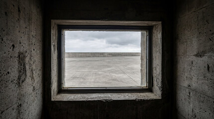 Fototapeta premium Interior Look Through Minimalist Concrete Bunker Window Framing Perfectly Empty Industrial Courtyard Outside View Architecture