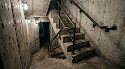 Fototapeta premium Minimalist raw concrete staircase interior design inside underground military bunker showing sharp dramatic angles architecture