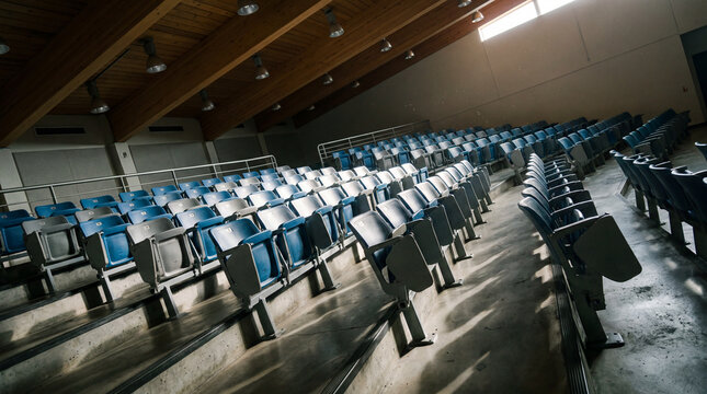 Dutch tilt artistic photography shot of empty college hall showing dynamic lines dramatic shadows interior