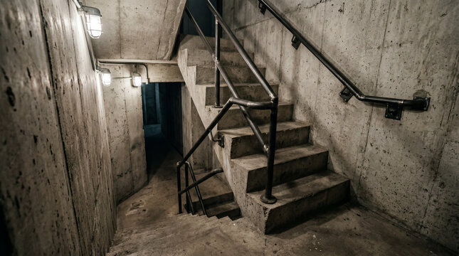 Minimalist raw concrete staircase interior design inside underground military bunker showing sharp dramatic angles architecture