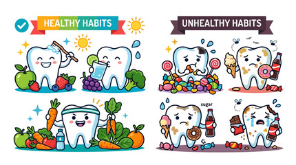 Fototapeta premium Healthy Habits vs Unhealthy Habits for Teeth Cartoon Illustration