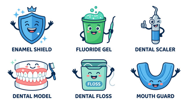 Cute Dental Care Icons with Happy Characters for Oral Hygiene Promotion