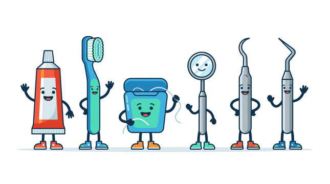 Cute cartoon dental hygiene characters including toothpaste toothbrush floss and dental tools waving