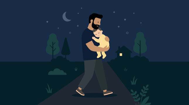 Father holding baby at night walking on path under starry sky with moon and house in background