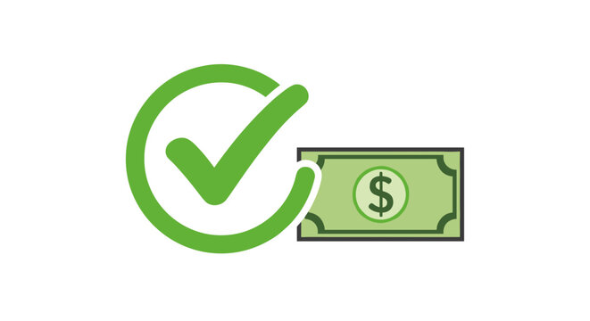 Green check mark in circle next to a US dollar bill symbolizing financial success and approval