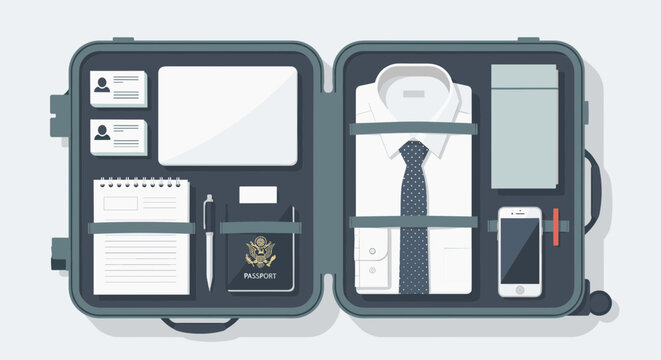 Business travel suitcase packed with clothes laptop passport and phone for a professional trip
