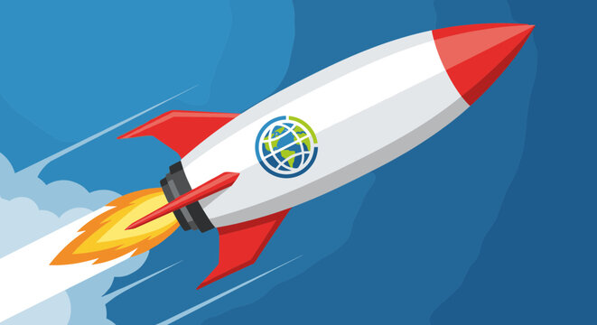 Retro rocket ship blasting off into the blue sky with clouds and flames