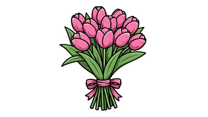 Fototapeta premium Pink tulip bouquet with green leaves and pink ribbon bow isolated on white background
