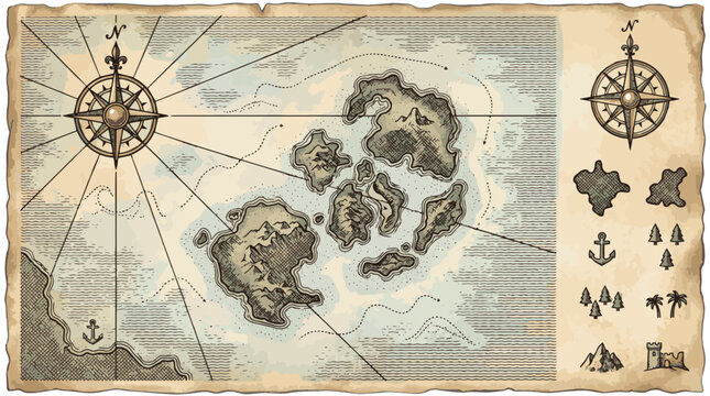 Nautical treasure map engraving style game asset vector