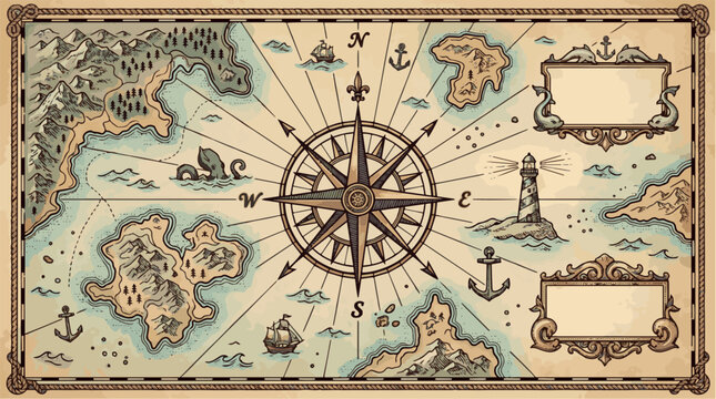 Minimal vintage navigation map engraving style vector illustration