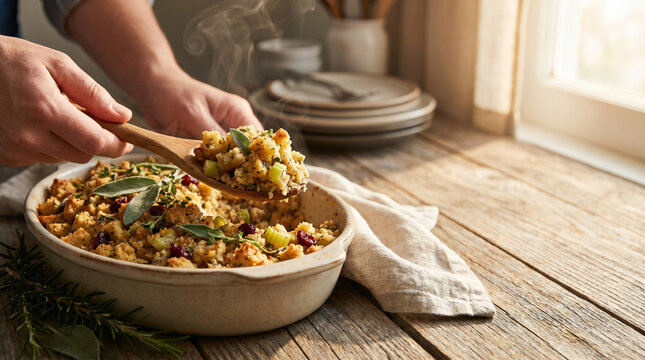 Woman serving savory stuffing with herbs in rustic kitchen  