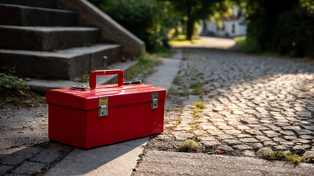 Vibrant Red Tool Box with Metal Clasps on a Cobblestone Path Next to Stone Steps, Bathed in Warm Sunlight, Offering a Sense of Readiness