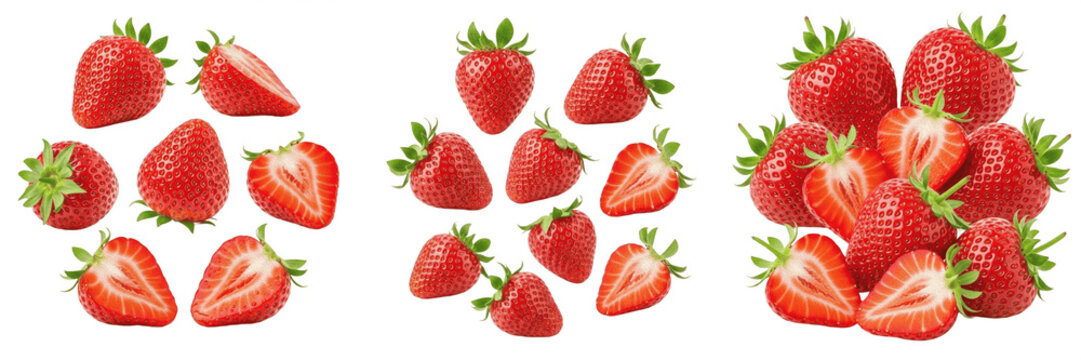 Fresh Strawberries Set Isolated on White Background, Ripe Red Berry Collection with Sliced Halves, Sweet Organic Fruit for Dessert and Healthy Diet, Professional High-Quality Transparent PNG Clipart