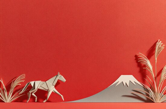 Origami horse beside mountain on red background illustration