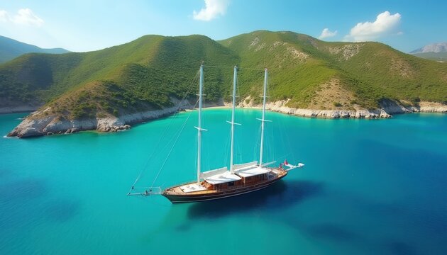 Wooden gulet ship floats on clear turquoise water near green hills. Sailing yacht cruises in calm bay. Aerial view of sea vacation adventure. Peaceful marine journey.
