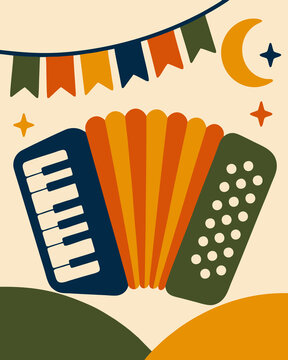 Sanfona Junina com Bandeirinhas e Lua em Estilo Vetorial Minimalista