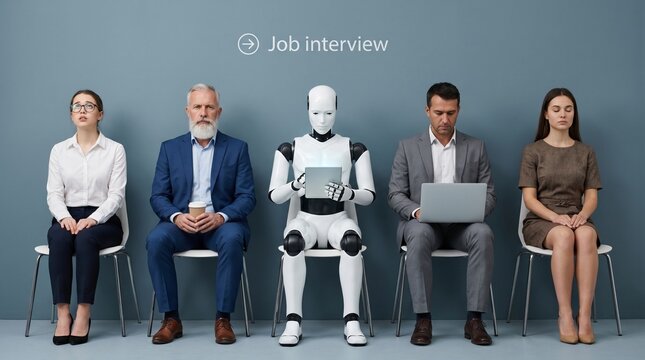 Human and robot job candidates sit in a row, awaiting interviews, illustrating the future of employment and automation