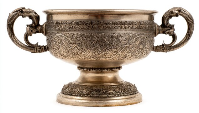 Ornate silver chalice isolated on white background with detailed design