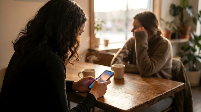Phubbing concept with woman using mobile phone at wooden table ignoring friend looking bored in cozy coffee shop